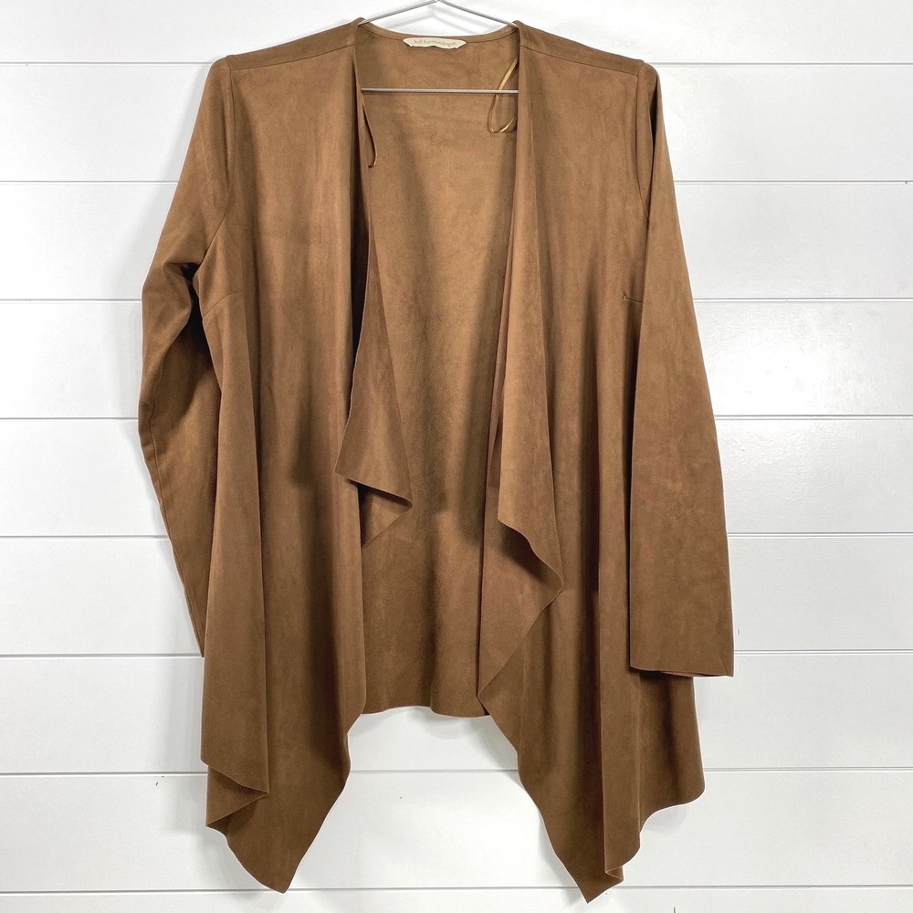 Soft Surroundings Sweater Womens Large Brown Faux‎ Suede Open Front Cardigan